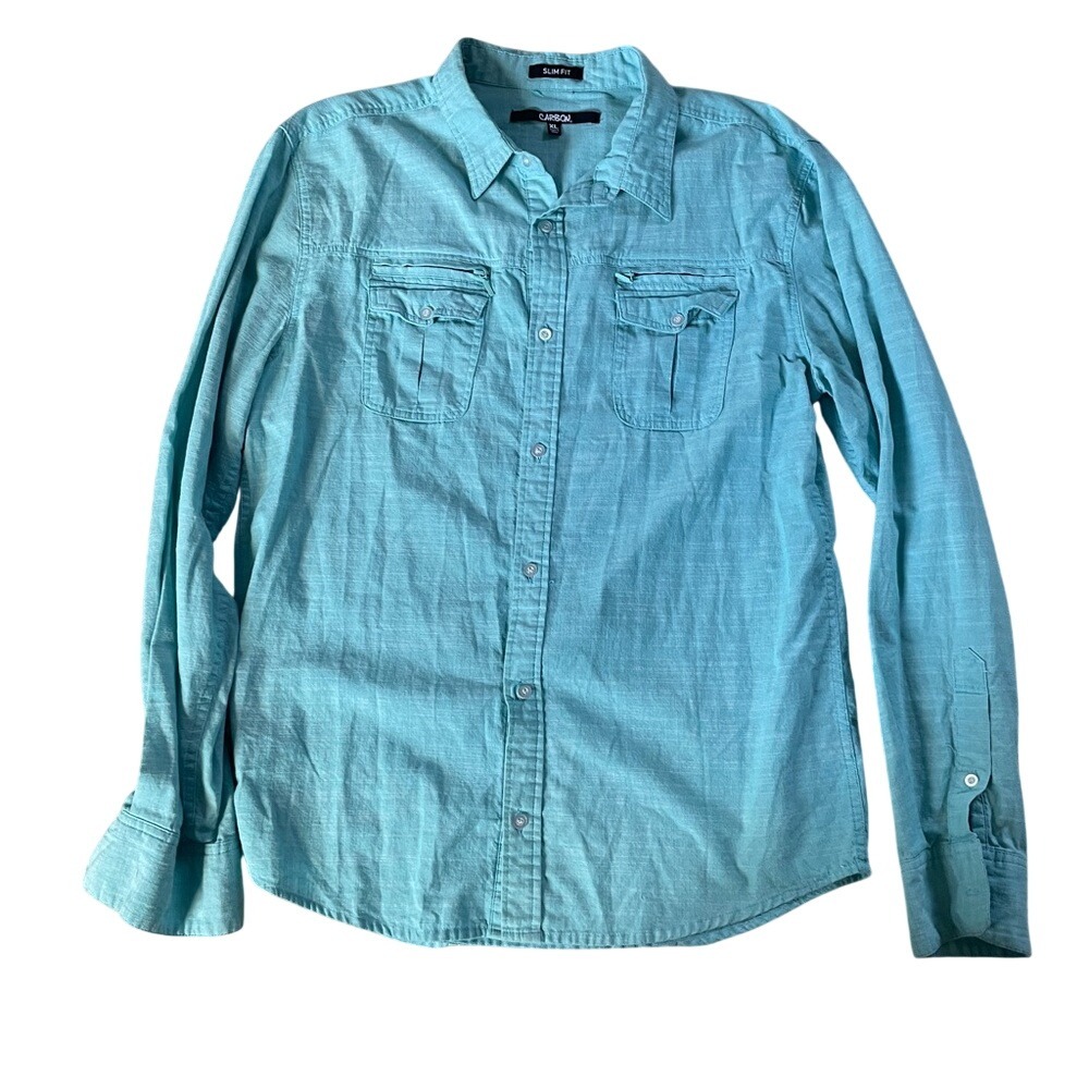 Carbon Mens Slim Fit Long Sleeve Button Down Shirt Turquoise Blue XL RN 70829